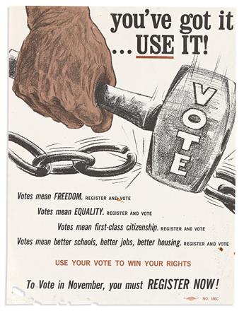 (CIVIL RIGHTS.) Group of voting leaflets: Dont Gripe Later; Youve Got It, Use It!; and I Cant Vote Because I Am a Dog.